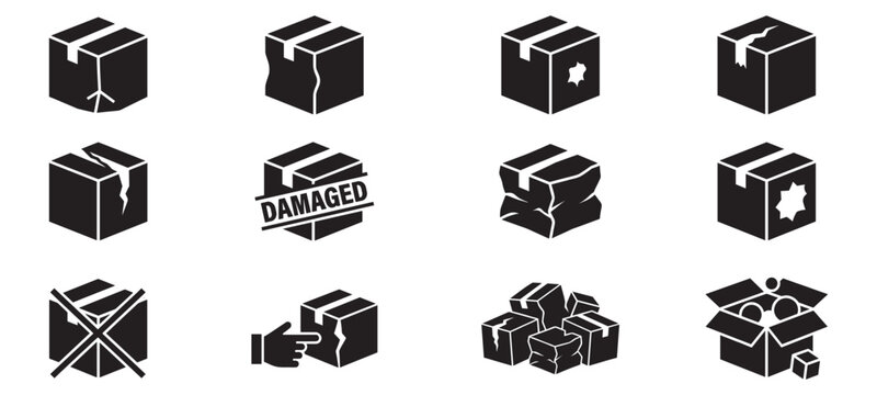 Damaged Delivery Box Icon Set. Broken Package, Logistics, Crushed Cargo. Vector Illustration.