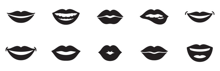 Obraz premium Lips and Mouth Expression Icon Set. Smile, Kiss, Teeth, Emotions Collection. Vector Illustration.