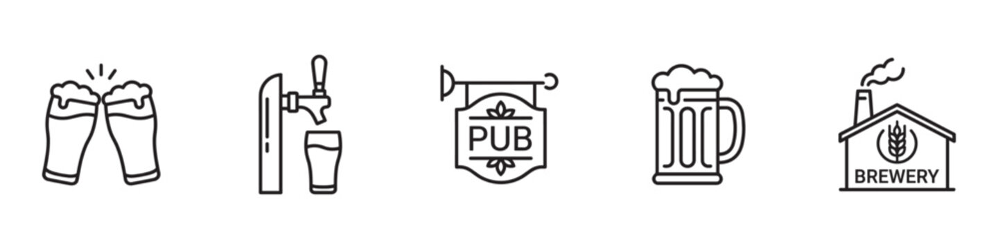 Beer, Pub and Brewery Icon Set. Glass, Mug, Tap, Bar Sign, Factory. Vector Illustration.