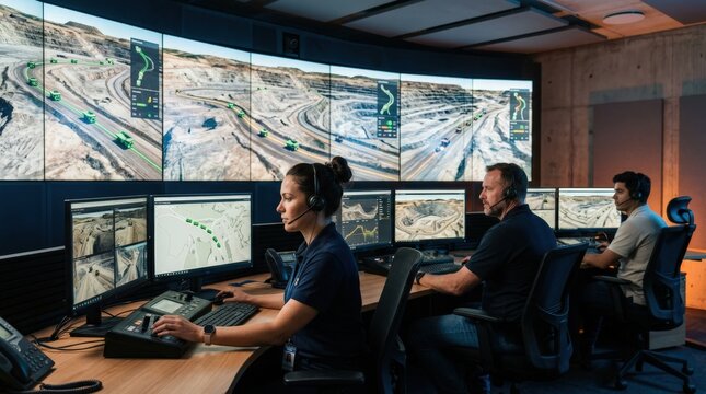 Control center medium shot showcasing operators monitoring multiple autonomous haulage trucks via digital screens ensuring smooth and efficient mining logistics.