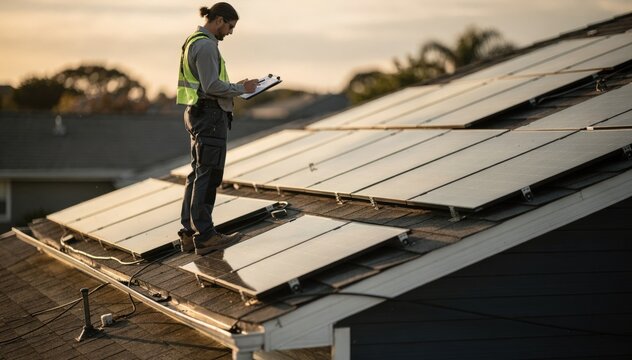 Medium shot of an assessor closely examining a singlestory roofs structure focusing on tilt and sun exposure for optimal solar panel placement with blurred background details.