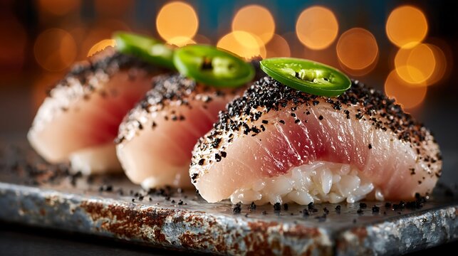 Truffle yellowtail sushi nigiri with jalapeno in a restaurant