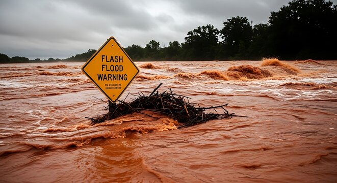 Flash flood warning sign standing in a fastmoving, muddy, overflowing river during a severe storm