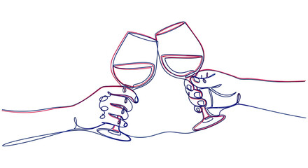 Naklejka premium Two hands clinking wine glasses in minimalist line art, celebrating toast