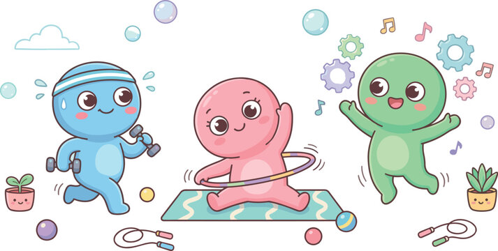 Adorable kawaii vector illustration of cute personified characters exercising with weights hula hoops and dancing with music notes perfect for fitness health wellness and children sports themes.