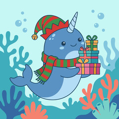 A cheerful narwhal dons a festive hat while holding colorful gifts, creating a whimsical underwater scene that celebrates joy and the holiday spirit in aquatic environments. © Jinliu