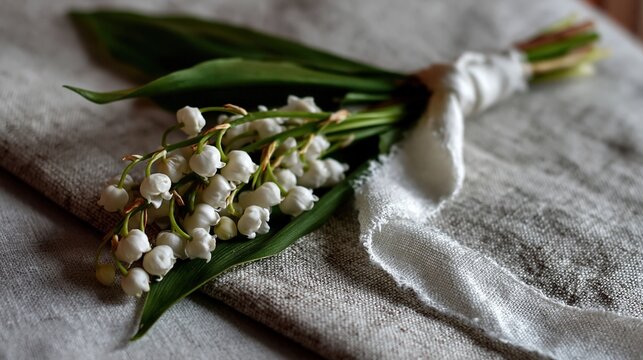 Bouquet de muguet aux clochettes blanches pos&eacute; sur tissu naturel