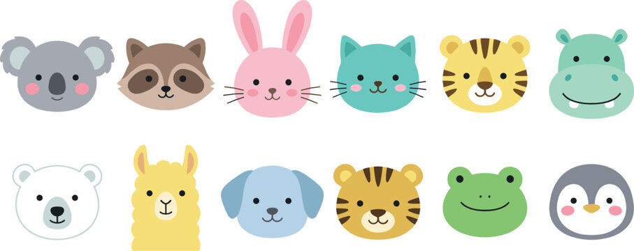 Collection of cute kawaii animal face icons featuring a koala raccoon rabbit cat tiger hippo polar bear llama dog frog and penguin isolated on white.