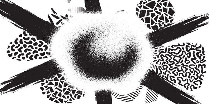 Abstract composition with spray painted central sphere and radiating textured patterns and brush strokes abstract geometric monochrome background resource starburst sunburst halftone creative