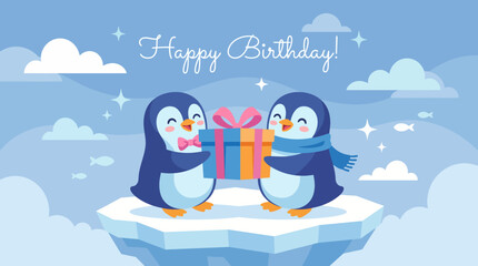 Obraz premium A cheerful illustration featuring two penguins exchanging a gift, celebrating a birthday with whimsical details, suitable for joyful occasions and children's celebrations.