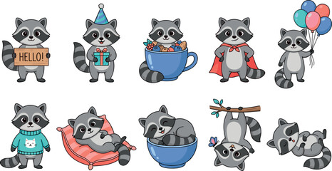 Cute raccoon character vector collection featuring funny forest animals in various poses with birthday balloons superhero cape and coffee cup isolated on white background. © Sariful
