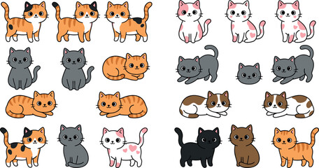 Fototapeta premium Large collection of cute kawaii cat character vectors featuring various breeds and colors like calico tabby and ginger isolated on white background for stickers and pet lover designs.