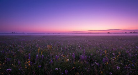 Naklejka premium Expansive wildflower meadow stretches beneath a vibrant twilight sky shrouded in low mist