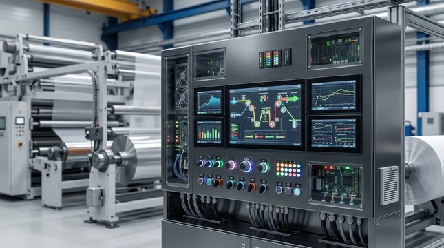 Medium shot of a newbuild intelligent control panel implementing AIdriven tension and speed management highlighting cuttingedge automation for precision web handling processes.