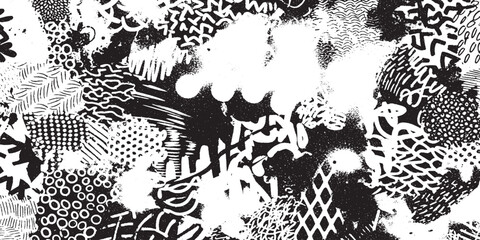 Abstract black and white chaotic grunge patterns background various distressed ink textures modern urban graphic design element wallpaper street art abstract distressed splatters background © HexaFrame