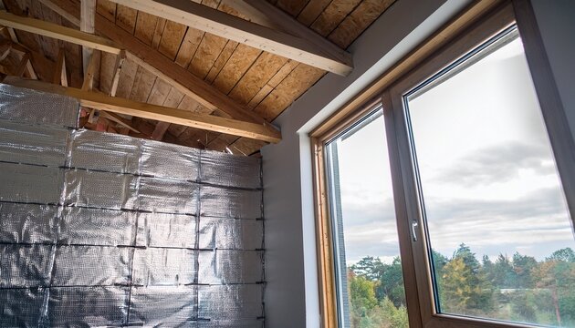 loft conversion unfinished project silver insulation roof windows wood structure of the walls selective focus