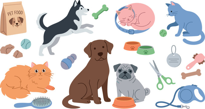 Comprehensive flat vector collection of cute dogs and cats with pet care accessories like food bowls toys and grooming tools isolated on white background for veterinary design.