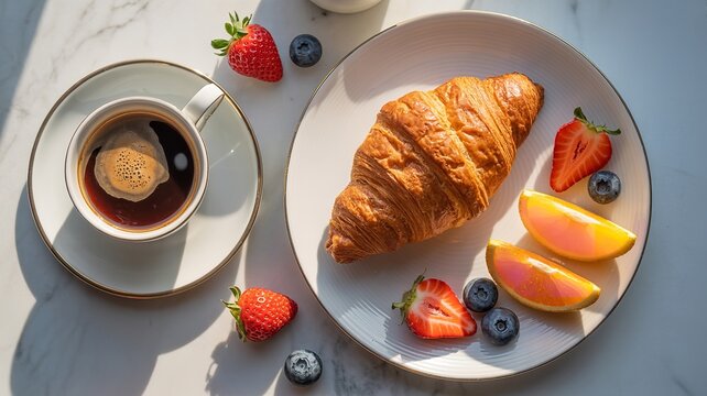 Freshly baked croissant served with fruits offering a nutritious breakfast option.