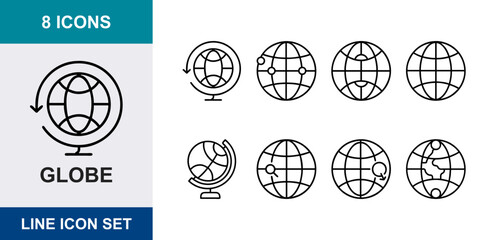 8 Globe linear icons world map, earth planet, geography sphere, global network, UI and web interface design © Bundleprohub