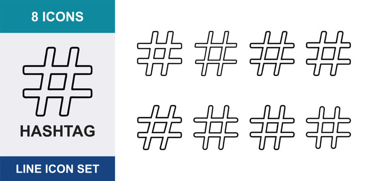 8 Hashtag linear icons social media tag, pound key, number mark, metadata label, UI and web interface design