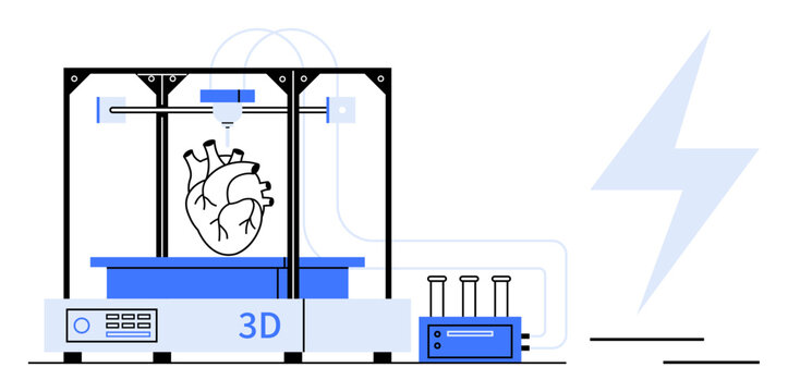 Medical innovation, bioprinting, healthcare, organ replacement, 3D technology, future medicine. Graphic of a 3D printer creating a human heart. Medical innovation and bioprinting concept