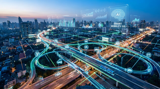Futuristic Cityscape with AI-driven Smart Mobility and Data Visualization at Dusk