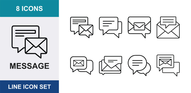8 Message linear icons chat bubble email envelope mail notification sms, UI and web interface design