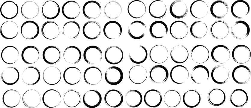 Zen enso circle vector set, hand drawn black ink brush strokes, 50 minimalist japanese calligraphy circles for logo design and branding