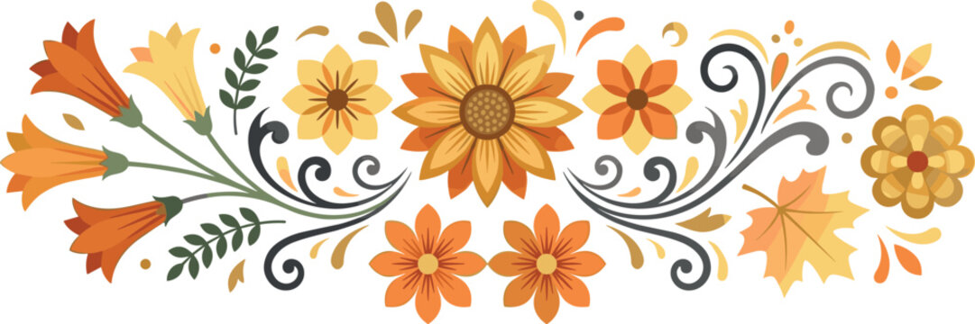 Elegant autumn floral border vector featuring orange and yellow sunflowers lilies and fall leaves with decorative swirls isolated on white background for seasonal design.