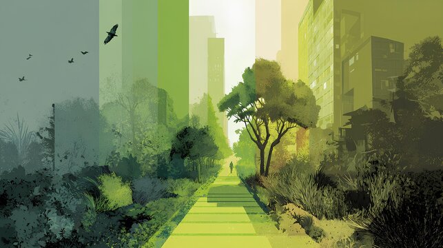 Cityscape Symphony: A seamless fusion of urban life and the untouched charm of nature, where the concrete jungle intertwines with lush greenery and clear skies.