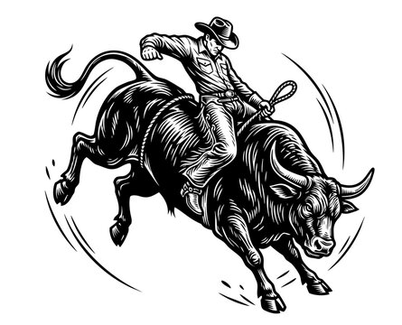Engraving style cowboy on wild bull, monochrome vector with strong lines and energetic movement.