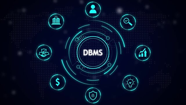 Dbms database management system technology abstract concept with glowing icons representing finance security people analytics innovation and global network