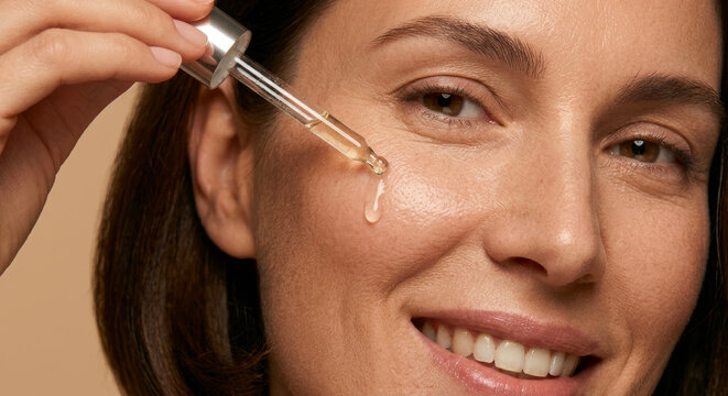 Smiling beauty model woman applying serum with pipette dripping on face skin. Dropper and facial skincare treatment.