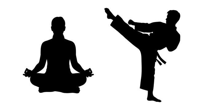 Martial arts and yoga icon set black silhouette, white background, vector Illustration