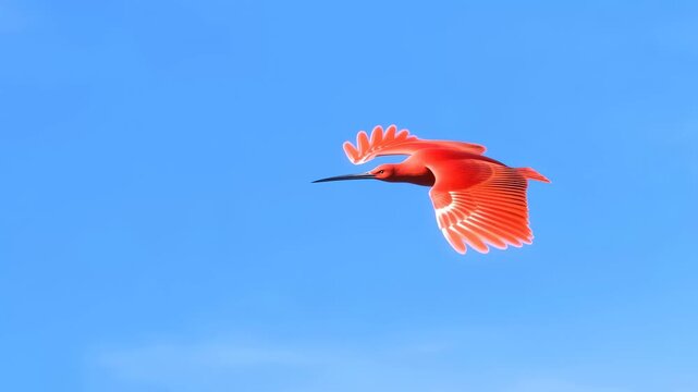 Vibrant scarlet ibis soaring gracefully against a clear blue sky. A symbol of freedom and the beauty of nature in flight