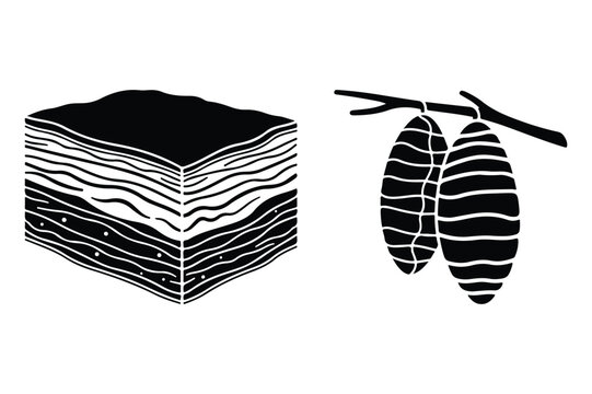 Layered geological formation and cocoa pods on a branch with cross section
