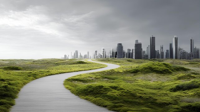 Path to Urban Vista: A winding path leads the eye across verdant green fields towards a distant cityscape beneath a dramatic sky, symbolizing journey and ambition.