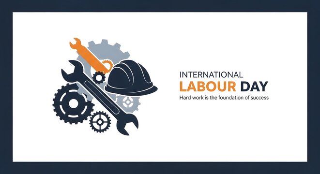 International Labour Day poster with worker tools and hard hat illustration