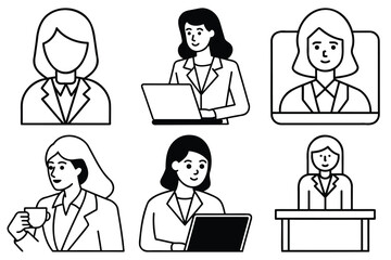 Fototapeta premium Set of simple line art icons representing business women in various professional activities and poses for presentations.