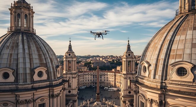 Aerial view of a drone flying between the domes of the basilica of santagnese in agone in piazza navona, rome, italy