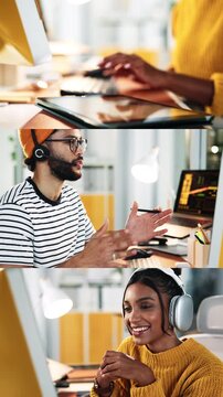 People, computer and series in office at startup with consulting, hands and typing for project management. Woman, man and voip mic with tablet, headphones and review with video call at media agency