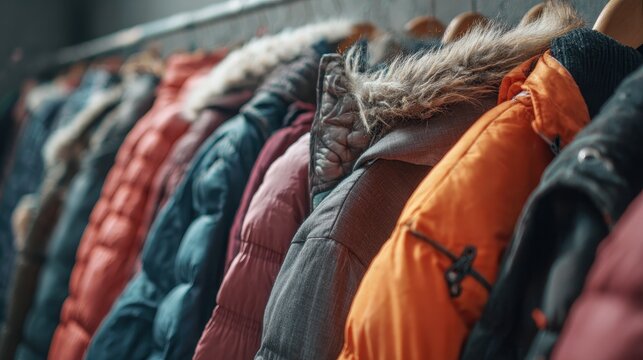 High quality photo of collection of winter coats hang on rack for sale. Variety of warm clothing donations. Charity event, supporting giving back, helping needy people. Promoting.