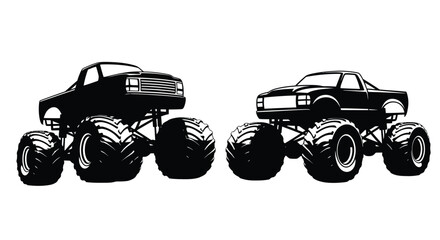Two powerful monster trucks depicted in a dramatic black silhouette © Jewel