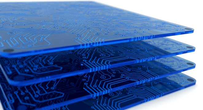 Stack of blue circuit boards with copper wiring on white background close up
