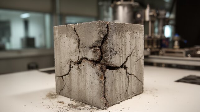 High quality photo of concrete cube undergoing compression strength test with visible cracks in a laboratory setting.