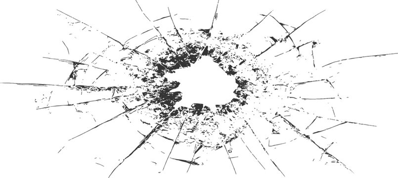 Shattered and broken glass window with sharp cracks and bullet hole impact texture graphic isolated vector illustration. 