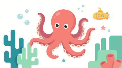 A charming cartoon illustration of a cute octopus swimming in the ocean alongside a tiny submarine, portraying a playful marine world filled with whimsical underwater adventure. © jianbin