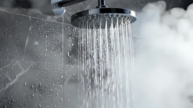 Closeup of a modern shower head with water spraying down onto a tiled wall.