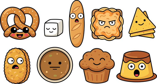 Cheerful food characters with expressive emotions for children&rsquo;s activity sheets, playful sticker packs, branding mascots, and creative culinary projects