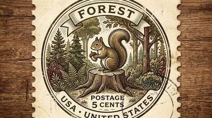 Obraz premium Vintage Postage Stamp Illustration Featuring a Squirrel on a Tree Stump in a Forest Landscape